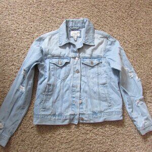 NWOT Forever 21 Small Light Blue Distressed Tattered Denim Jean Jacket Button